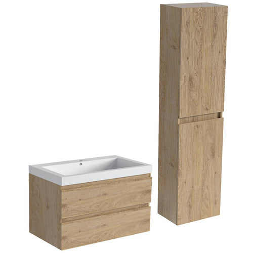 LOMAZOO badmeubelset Avalon - met hoge kast & witte wastafel - licht eiken - 80 cm