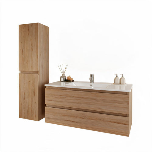 LOMAZOO badmeubelset Verona - met hoge kast & witte wastafel - licht eiken - 100 cm