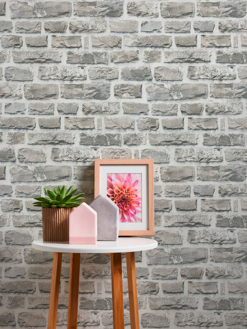 A.S. Création behang stenen muur lichtgrijs en beige - 53 cm x 10.05 m - AS-361402