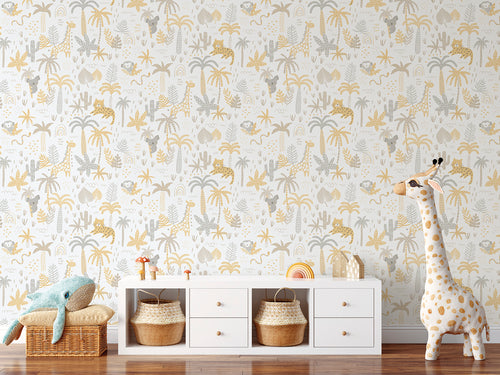 Sanders & Sanders behang jungle dieren okergeel, grijs en beige - 53 cm x 10 m - 640450