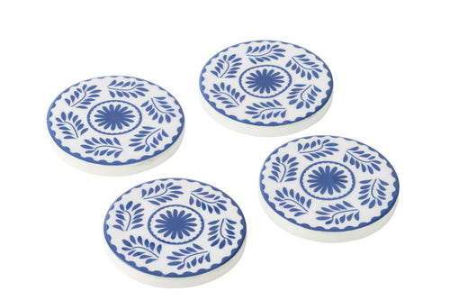 J-Line onderzetter Bloemen - hout - blauw/wit - set van 4 - vtwonen shop