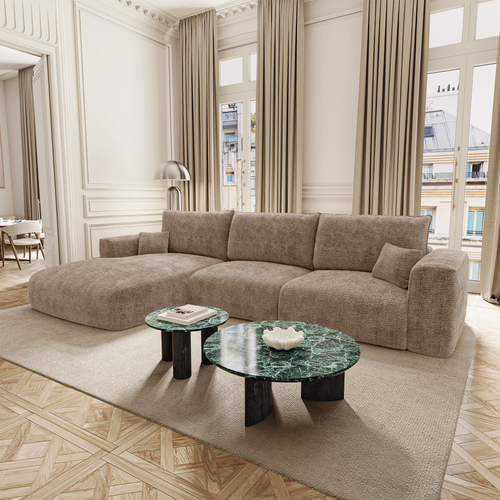 Premium Interiors - Linkerhoekbank met snelle uitklapfunctie COMO - zacht aanvoelende geweven stof bruin 300cm
