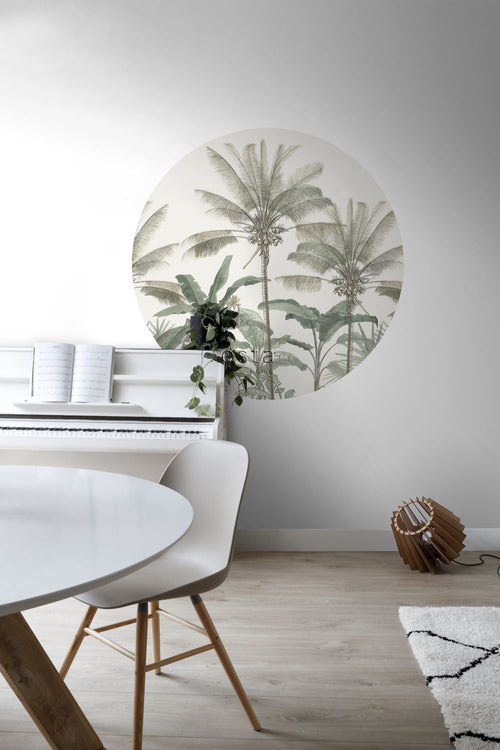 ESTAhome zelfklevende behangcirkel palmbomen lichtbeige en vergrijsd groen - Ø 140 cm - 159007