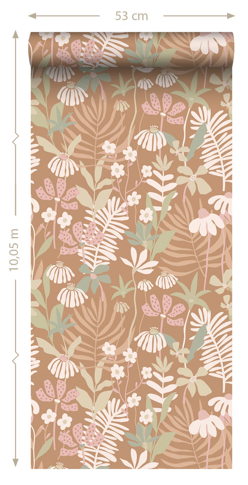 ESTAhome behang tropische bladeren en bloemen lichtbruin en meerkleurig - 50 x 900 cm - 130996 - vtwonen shop