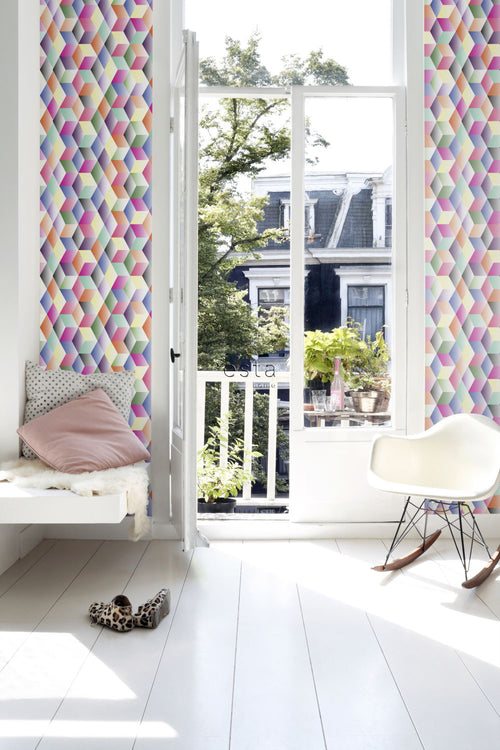 ESTAhome XXL behang 3D kubussen roze, geel, groen en blauw - 50 x 900 cm - 158913 - vtwonen shop