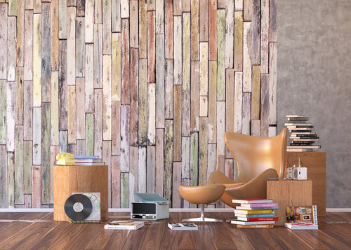 Sanders & Sanders fotobehang houten plankjes beige, groen en blauw - 360 x 254 cm - 600398