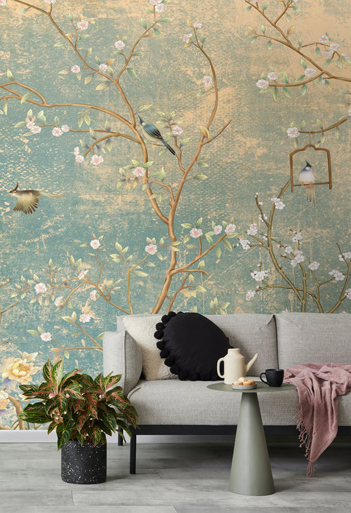 Sanders & Sanders fotobehang bloemen en vogels zeegroen - 350 x 270 cm - 601001 - vtwonen shop