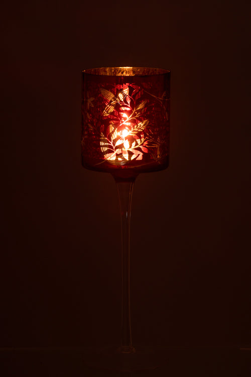 J-Line theelichthouder Op Voet Blaadjes - glas - rood/goud - large