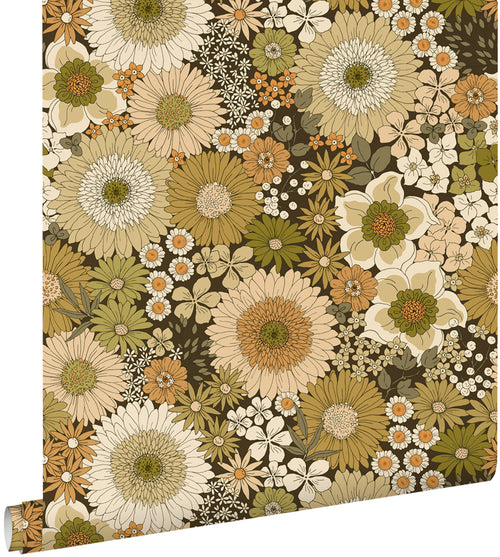 ESTAhome behang retro bloemen olijfgroen en oranje bruin - 50 x 900 cm - 131317 - vtwonen shop