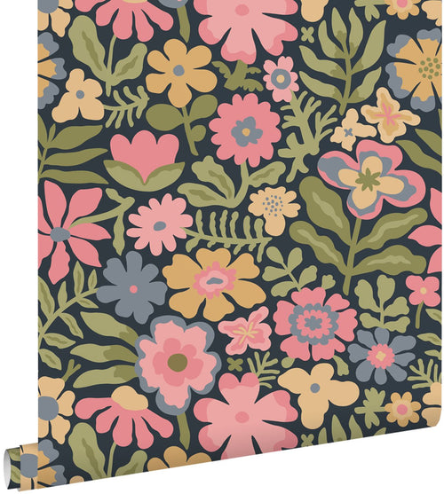 ESTAhome behang bloemetjes blauw, groen en roze - 50 x 900 cm - 132292