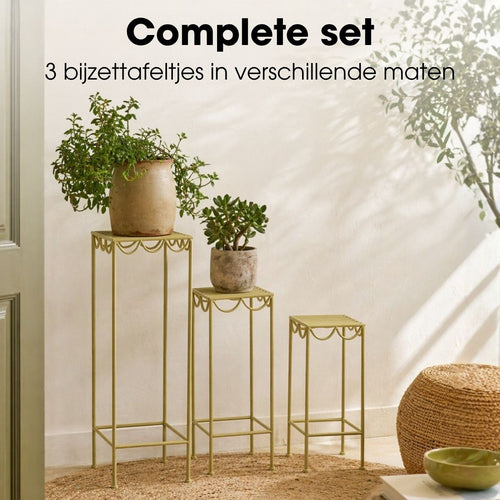 Mica Decorations Rosalie Planttafel voor Buiten - Plantenrek Set van 3 - Plantenstandaard voor Kamerplanten - Inklapbaar - IJzer - Lichtgroen