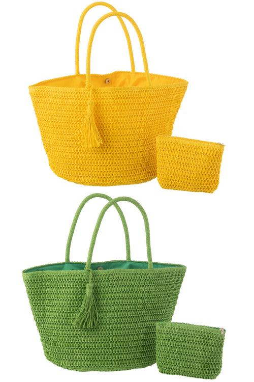 J-Line strandtas + tasje - papier - groen/geel - 2 stuks - vtwonen shop