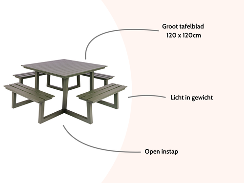 MaximaVida vierkante aluminium picknicktafel Dex 215 cm olijfgroen - open instap - vtwonen shop