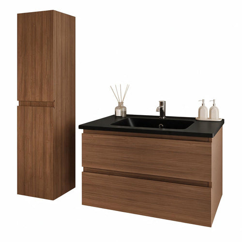 LOMAZOO badmeubelset Verona - met kolomkast & zwarte wastafel - warm eiken - 80 cm