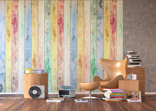 Sanders & Sanders fotobehang houten planken groen, blauw en rood - 375 x 270 cm - 600540