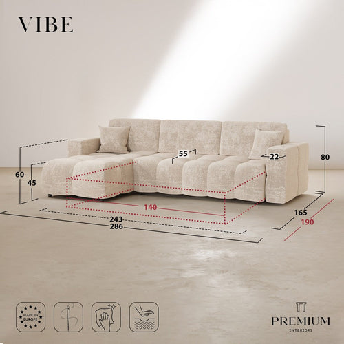 Premium Interiors - Linkerhoekbank met snelle uitklapfunctie VIBE - gewaafd fluweel crème 286cm