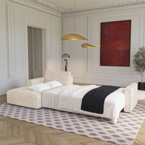 Premium Interiors - Linkshoekbank met slaapfunctie en opbergruimte  - corduroy crème 297cm