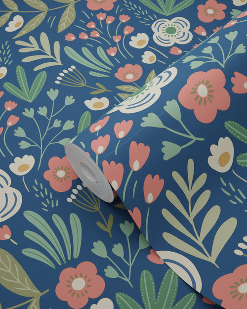 ESTAhome behang bloemetjes donkerblauw, groen en terracotta - 50 x 900 cm - 131071 - vtwonen shop