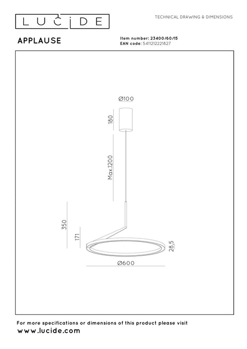 Lucide hanglamp APPLAUSE - Geïntegreerde LED - Grijs ijzer