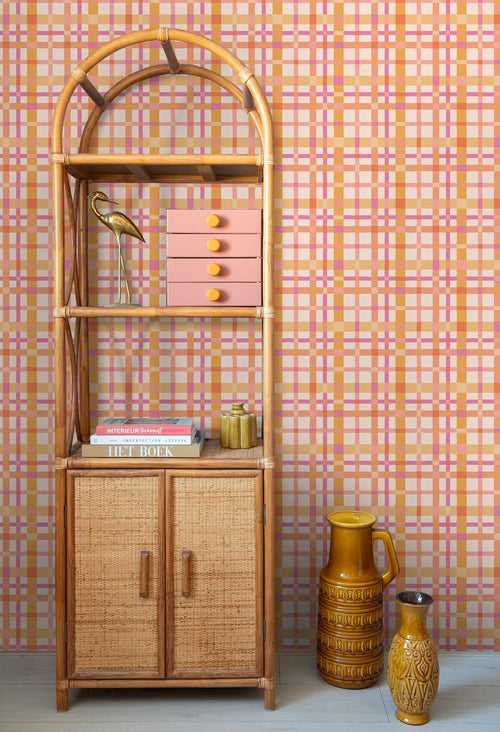 ESTAhome behang ruitjes paars en oranje - 50 x 900 cm - 132049