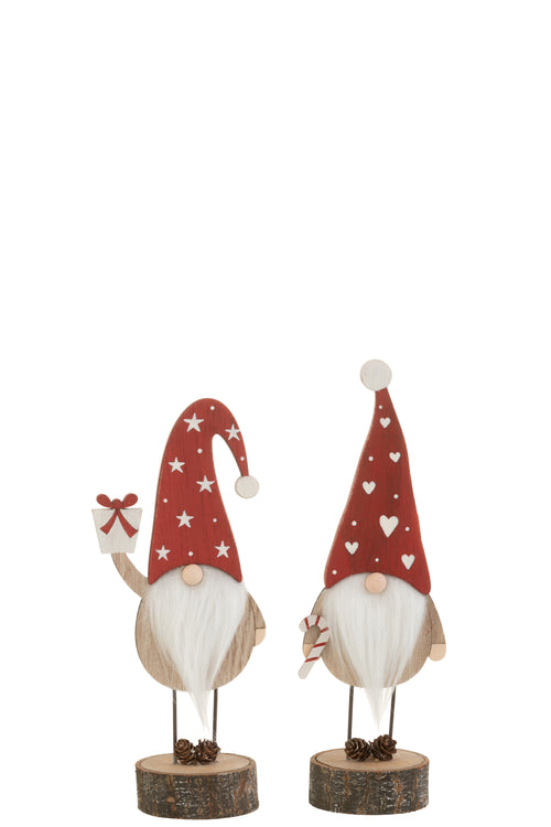 J-Line figuur Kerstman Op Voet Hoed Hart/Ster - hout -  rood/wit - small - 2 st.