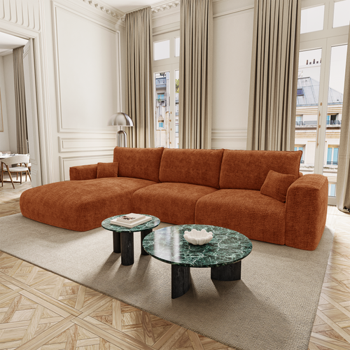 Premium Interiors - Linkerhoekbank met snelle uitklapfunctie COMO - zacht aanvoelende geweven stof terracotta 300cm