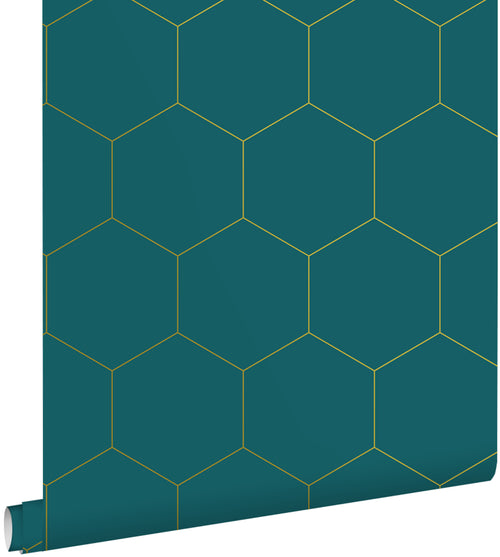 ESTAhome behang hexagon petrolblauw en goud - 0,53 x 10,05 m - 139455 - vtwonen shop