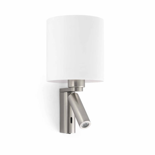 Faro Rob - 1 Light Indoor Wandleeslamp Wit, Satijnnikkel met Kap, E27