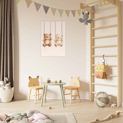Artfulprints Poster Twee beren op de schommel   - A4 21x29.7 cm - Bruin