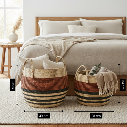 Mica Decorations Opbergmand met Handvatten - Set van 2 Opbergmanden - Woondecoratie en Opbergen - 34 x Ø28 cm en 44 x Ø40 cm - Bruin, Zwart