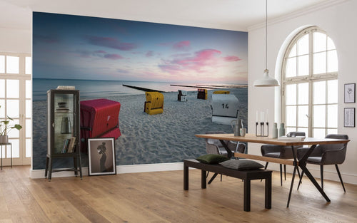 Sanders & Sanders fotobehang strand blauw, grijs en roze - 450 x 280 cm - 612647