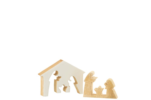 J-Line decoratie Kerststal Huis - hout - wit/naturel - small