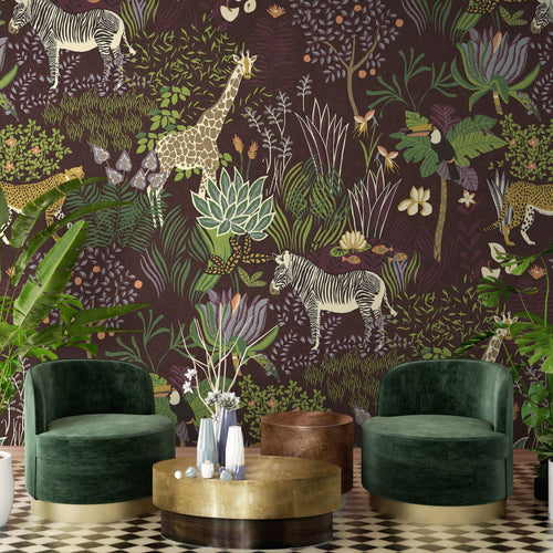 Sanders & Sanders fotobehang jungle dieren groen en aubergine paars - 424 x 280 cm - 640888