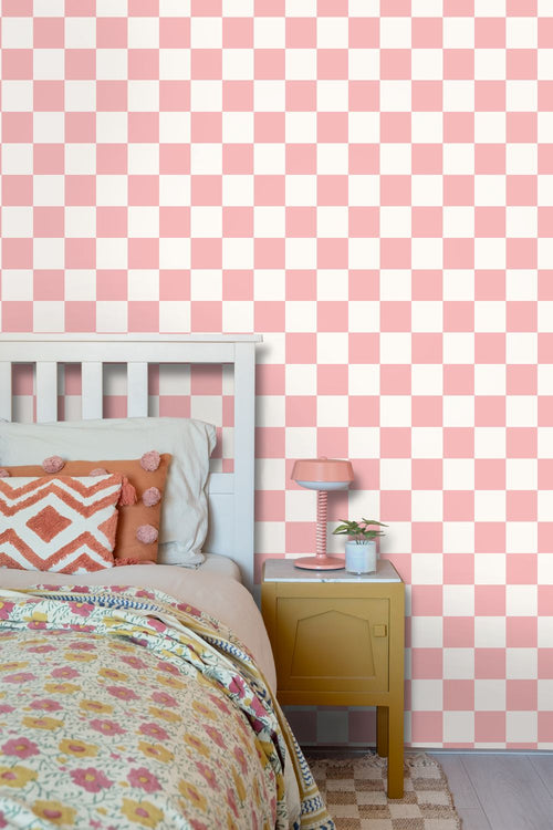 ESTAhome behang geblokt motief roze en wit - 53 cm x 10.05 m - 139998