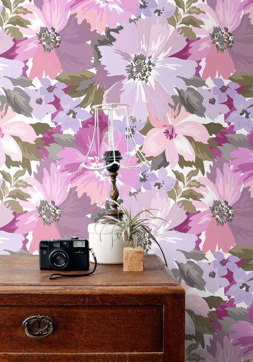 ESTAhome behang bloemen lila paars en olijfgroen - 50 x 900 cm - 131263 - vtwonen shop