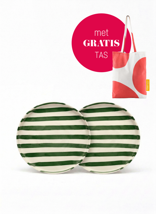 vtwonen -  Lunchbord - Strepen - Groen - Set van 2 - Keramiek - 20cm