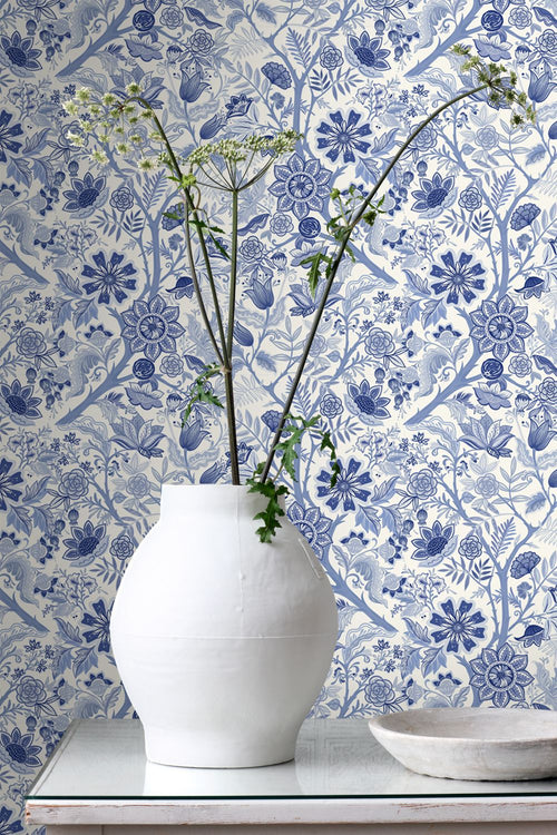 ESTAhome behang vintage bloemen delfts blauw - 50 x 900 cm - 132130