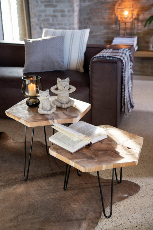 J-Line bijzettafel Hexagon - hout/metaal - naturel - set van 2