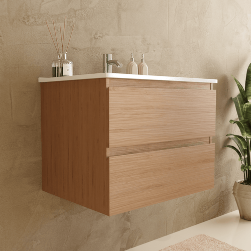 LOMAZOO badmeubelset Verona - met hoge kast & witte wastafel - licht eiken - 60 cm