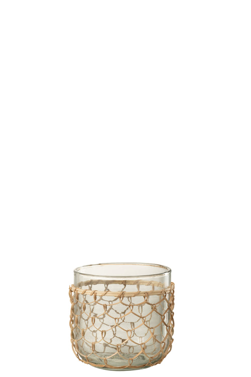 J-Line windlicht Breiwerk - glas/riet - transparant - medium