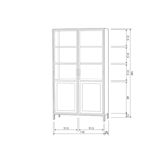 Basiclabel vitrinekast Nora- Metaal - Zwart - 189x110x40 - vtwonen shop