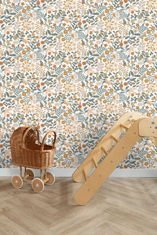 ESTAhome behang bloemen en vogels grijsblauw, olijfgroen en okergeel - 53 cm x 10.05 m - 139865