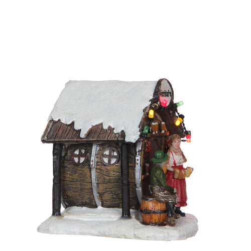 Luville Kerstdorp Miniatuur Bierstube - Kerstversiering Kerstdorpminiatuur met Verlichting - Guirlande Café in Biervat Vorm - Kerstslingers met Vrouw