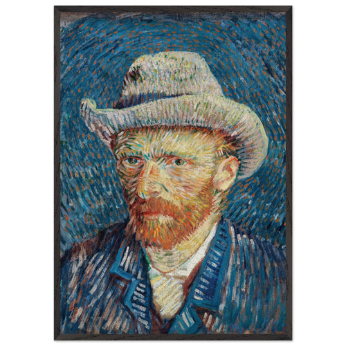 Artfulprints Poster met Lijst Vincent van Gogh - Zelfportret met grijze vilthoed   - 70x100 cm - Blauw