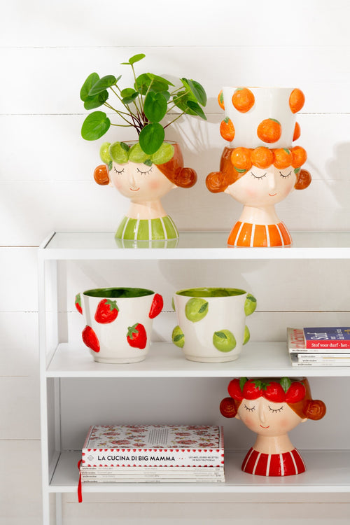 J-Line bloempot 2 Delen Aardbei Meisje Dolomiet - keramiek - mix - Ø 17.5 cm