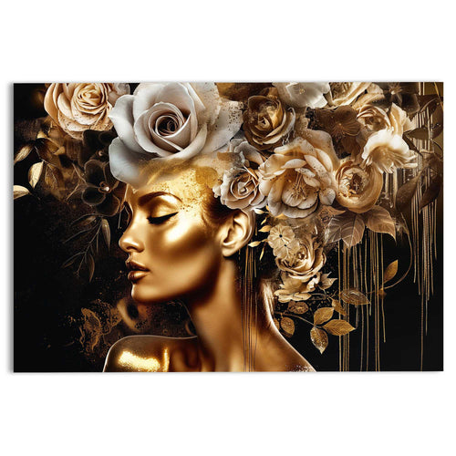 Reinders Golden Flower Lady glasschilderij -  goud - woonkamer - 78x116cm