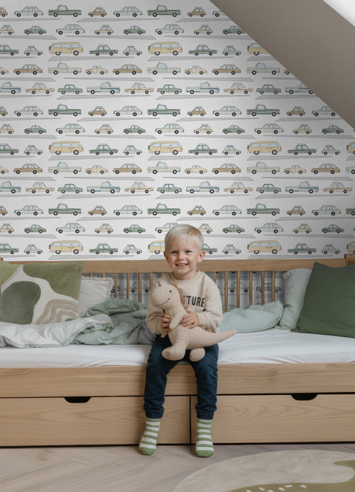 ESTAhome behang auto's vergrijsd groen, grijs en beige - 50 x 900 cm - 139537