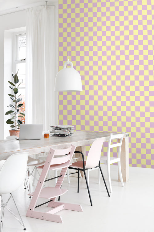 ESTAhome behang geblokt motief lila paars en geel - 53 cm x 10.05 m - 131134 - vtwonen shop