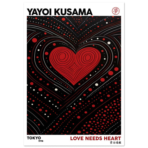 Artfulprints Poster met Lijst Yayoi Kusama - Love needs heart   - 50x70 cm - Zwart