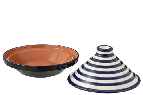 J-Line tajine Granada Stripes - keramiek - wit/blauw